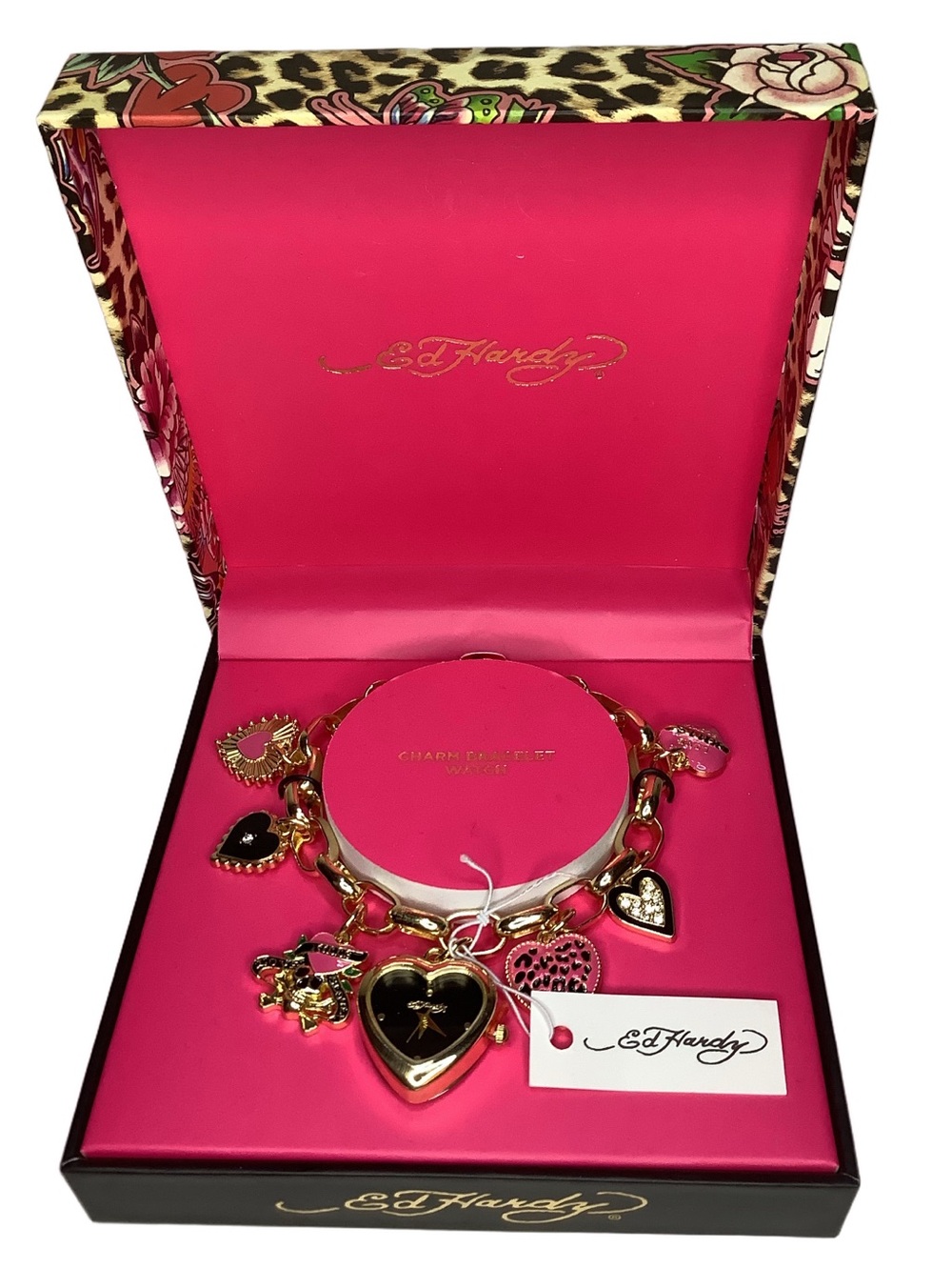 Ed Hardy Gold-Tone Heart Charm Bracelet Watch New